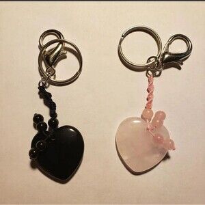 Black Obsidian or Rose Quartz Polished Crystal Heart Stone Keychain - NEW